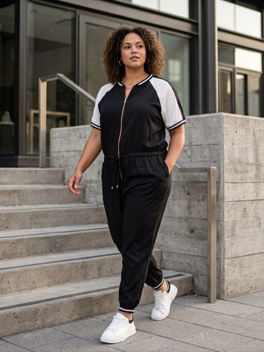 Forever 21 Plus 2XL Black Sporty Colorblock Zip Front Jumpsuit